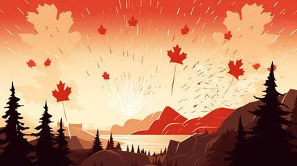 Canada Independence Day. Graphic illustration in red colors with flags and maple. AI generated.