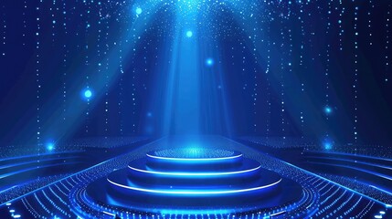 illustrations of Futuristic digital technology stage with glowing blue pedestal podium stage layout for hi tech showcase,Digital tech concept. r abstract blue background frame of geometric shapes