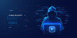 © AntonKhrupinArt - Abstract digital anonymous hacker with light blue laptop and AI chip. Technology electronics background. Computer chip and glitch data flow. Tech artificial intelligence bg. Vector illustration