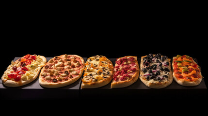 Wall Mural - Various pizzas in a row, on a black background. Traditional Italian cuisine. AI generated.