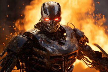 Poster - Futuristic robot with red eyes stands menacingly with a conflagration in the background