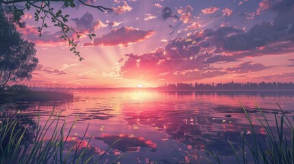 Wall Mural - A Lake Reflecting the Sunset