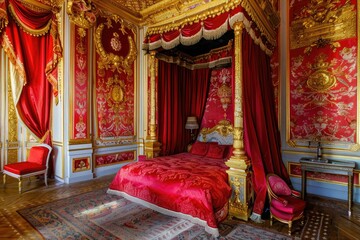 Vibrant red and gold bedroom with ornate decor.