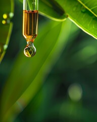 Wall Mural - Drops of oil glitter on the leaves in the background. This image captures the essence of natural skin care products. Emphasizing the beauty and benefits of Vitamin E oil.