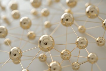 Poster - A pattern of interconnected gold spheres forming an intricate geometric network on light grey background, creating the illusion that they form a three dimensional grid structure
