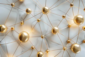 Poster - a top view of an array of golden spheres connected by thin wires, creating intricate geometric patterns on the surface of a light grey background
