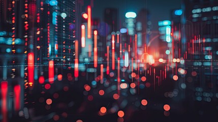 Wall Mural - Abstract glowing big data forex candlestick chart on blurry city backdrop. Trade, technology, investment and analysis concept. Double exposure