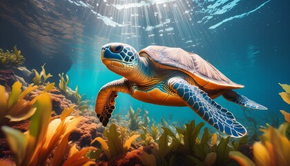 Wall Mural - A serene underwater scene featuring a gentle sea turtle swimming gracefully through a forest 