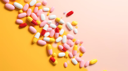 Wall Mural - Multi-colored tablets, capsules and vitamins in a jar on a pink background.