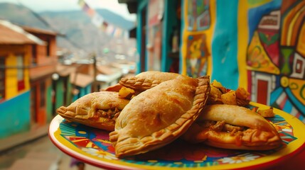 Bolivian saltenas, baked pastries filled with meat, potatoes, and spices, served on a colorful plate with a bustling La Paz street scene