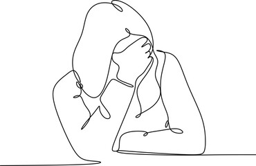 Continuous line drawings of a young woman feeling sad, tired and worried about mental health depression. problems, failures and broken heart concepts isolated on white background. 