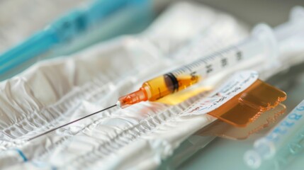 Syringe with a drop on a needle isolated on a white background. A yellow anticoagulant syringe photographed close up. Medicines in a syringe with a short needle