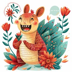 Wall Mural - Whimsical armadillo with a friendly demeanor, joyfully holding a flower in storybook style