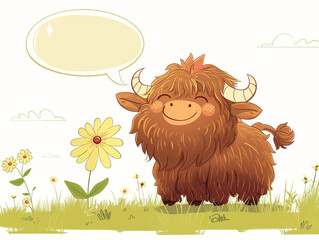 Wall Mural - Simple flat color line style of whimsical yak with a friendly and gentle demeanor, making joyful faces and holding a flower, in the style of a storybook character