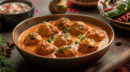 Malai kofta, creamy vegetable and paneer dumplings, served in a rich tomato sauce with a festive Indian celebration backdrop