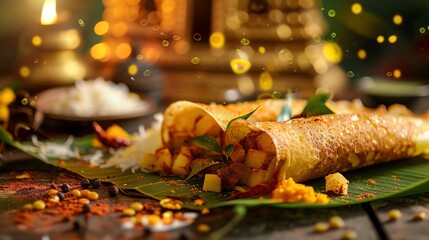 Wall Mural - Masala dosa, a crispy rice and lentil crepe filled with spiced potatoes, served with sambar and coconut chutney on a banana leaf with a South Indian temple background