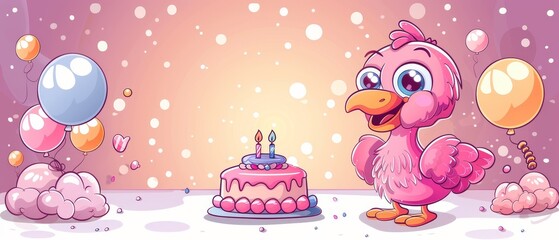 Wall Mural - Simple flat color line style of whimsical vulture with a friendly and gentle demeanor, making joyful faces and holding a birthday cake, in the style of a storybook character