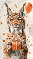 Wall Mural - Whimsical lynx exudes a friendly demeanor, making joyful faces and holding a gift in storybook style