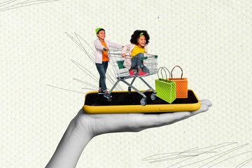 Sticker - Composite collage image of funny little kids hand hold telephone eshop shopping cart trolley bizarre unusual fantasy billboard