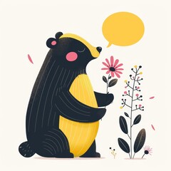 Wall Mural - A whimsical honey badger in a simple flat color line style exudes a friendly and gentle demeanor, sporting joyful expressions while clutching a flower, reminiscent of a storybook character