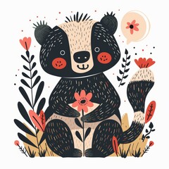 Wall Mural - A whimsical honey badger in flat color line style exudes joy, holding a flower like a storybook character