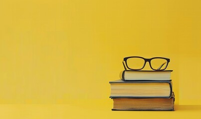 Glasses and books on yellow background for school education web banner