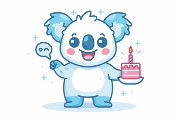 Wall Mural - Whimsical koala exudes joy, holding a birthday cake in flat color line style reminiscent of storybook characters