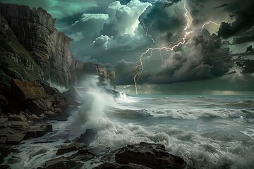 A dramatic summer stormy sea with crashing waves and lightning illuminating the sky, set against a backdrop of rugged cliffs.