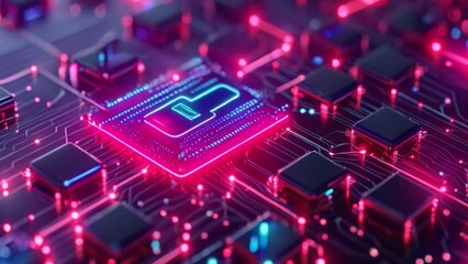 Poster - This Detailed view of a computer chip illuminated by red and blue lights.