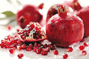Wall Mural - Fresh ripe pomegranate with cut in half on white background.