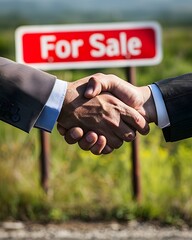 lose up photo of two business mens shaking hands, with a land for sale sign in the background
