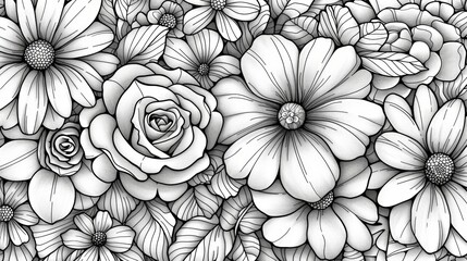 A floral coloring book page with a detailed pattern of roses, daisies, and other garden flowers, offering a calming and creative activity.