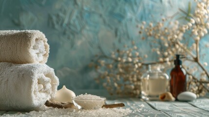 Canvas Print - Spa setup with rolled towel beauty item ocean salt and branch on indoor table Text space available