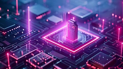 Poster - This computer chip illuminated by a pink light on top. Pink Light Emitting From Computer Chip