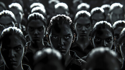 Wall Mural - Angry Rebel Women Unique Leader Figure Individuality Dystopian Crowd of People 3d illustration render