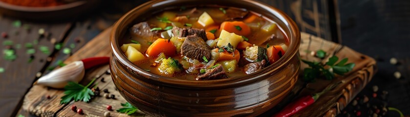 Chilean cazuela, a beef and vegetable soup, served in a rustic bowl with a backdrop of the Chilean countryside