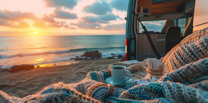 campervan with hot coffee and knitted blanket on the beach at sunset near sea view