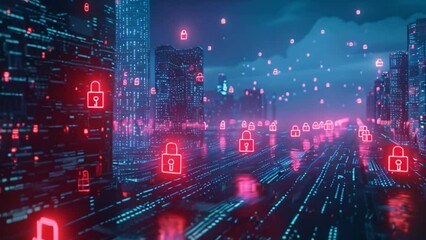 Poster - This cityscape filled with vibrant red and blue lights, showcasing a futuristic atmosphere.
