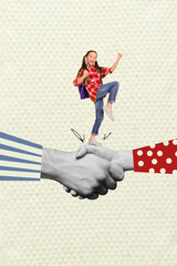 Sticker - Composite collage image of funny little girl winning hands shake deal have fun bizarre unusual fantasy billboard