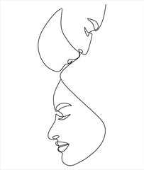 Wall Mural - Linear drawing of two faces man and woman .Kiss of a couple in love