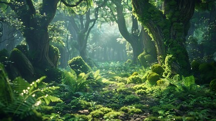 Wall Mural - Enchanted forest with vibrant green moss and ferns under a canopy of towering trees. 8k, realistic, full ultra HD, high resolution and cinematic photography