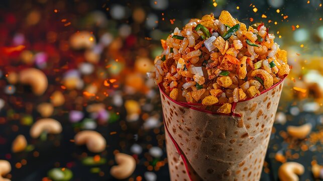 Aloo Chaat is a popular Indian street food made from potatoes, chickpeas, tamarind sauce, and yogurt. This chaat is served in a cone and topped with sev, onions, and cilantro.