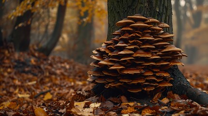 Wall Mural - Reishi mushrooms growing in a cluster at the base of a tree, surrounded by fallen leaves