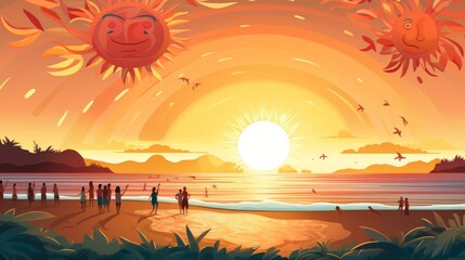 Poster - illustration of the sun smiling and looking at the beach