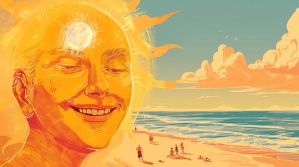 Poster - illustration of the sun smiling and looking at the beach