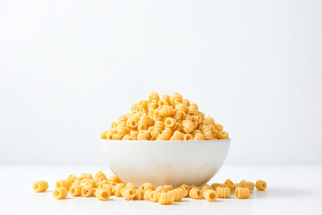 Wall Mural - Dry uncooked pasta in a white bowl on a white background