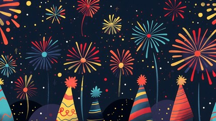 5. A playful and whimsical Happy New Year poster for 2025, featuring cartoon fireworks and cheerful party hats, perfect for family-friendly events