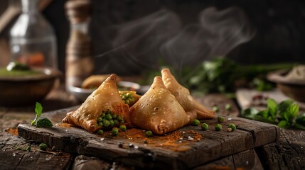 Wall Mural - Samosas filled with spiced potatoes and peas, served with mint chutney on a rustic wooden board with a bustling street market backdrop