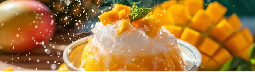 Wall Mural - Shaved ice dessert with mango and condensed milk, served in a large bowl with a tropical fruit market background