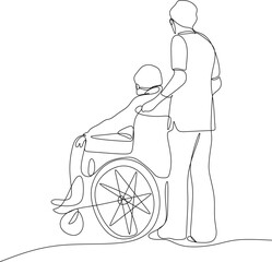 Linear drawing, healthcare worker helping a patient in a wheelc